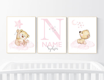Nursery decor bear, nursery decor girl, bear nursery print, teddy bear decor, nursery wall art animals, girl nursery, pink nursery