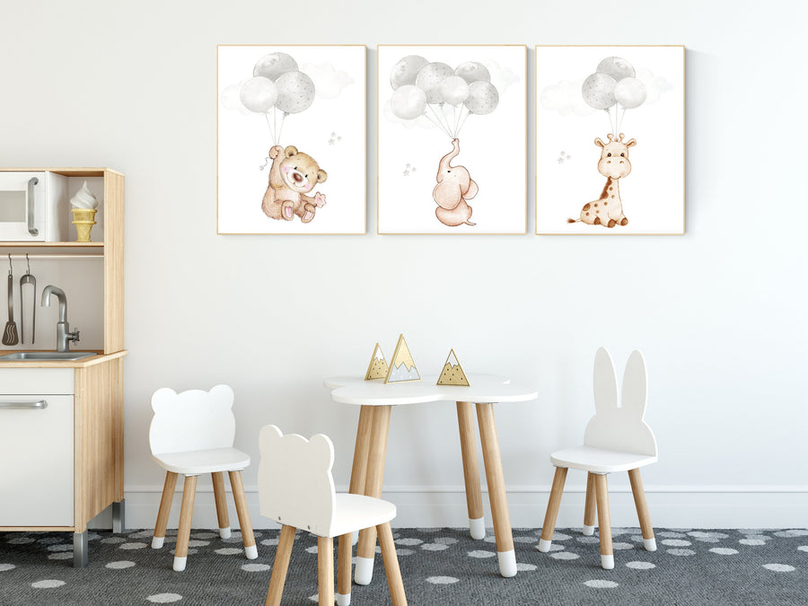 Nursery wall art animals, gray nursery, gender neutral nursery, neutral nursery, baby room decor, bear, elephant, giraffe, animal prints