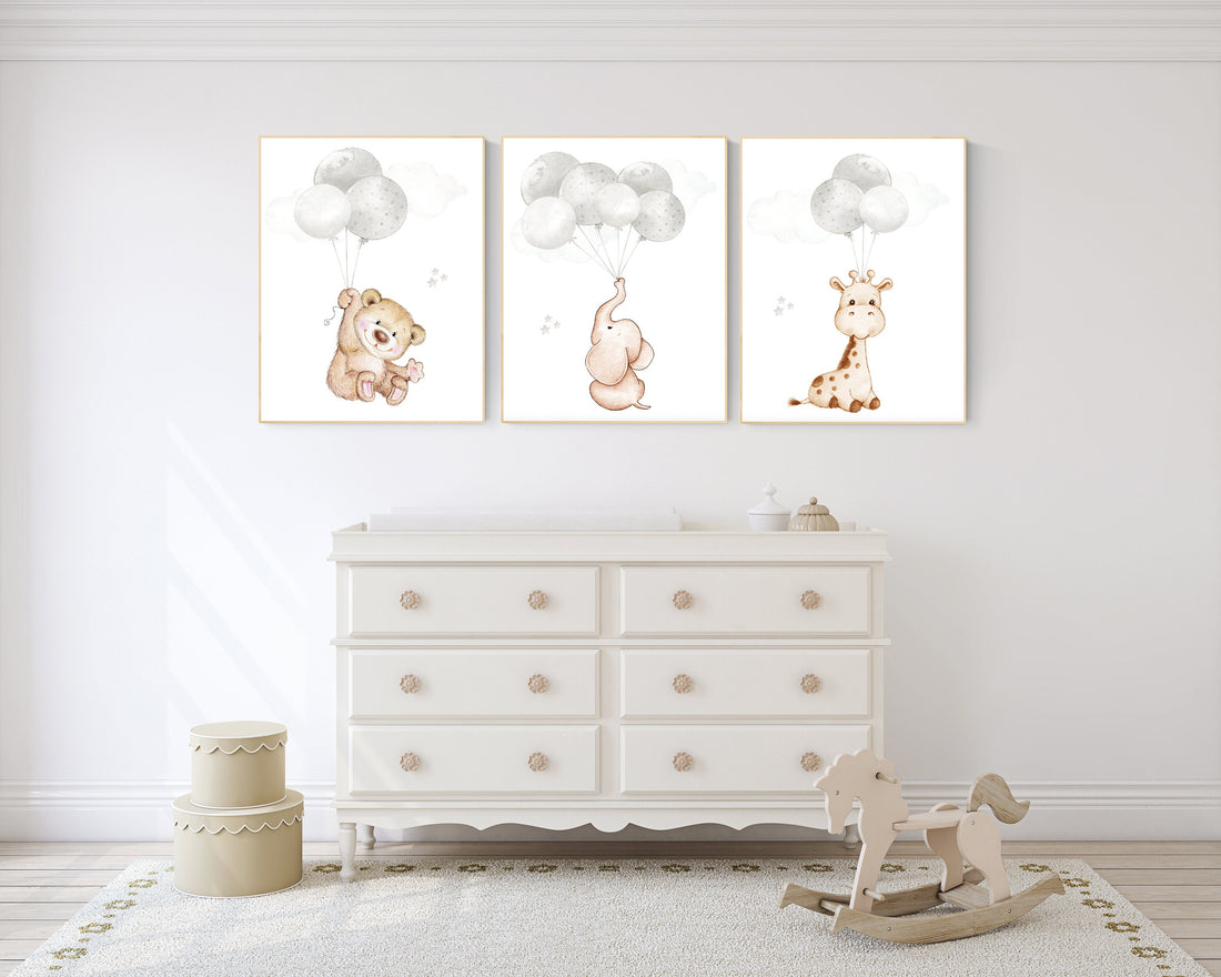 Nursery wall art animals, gray nursery, gender neutral nursery, neutral nursery, baby room decor, bear, elephant, giraffe, animal prints