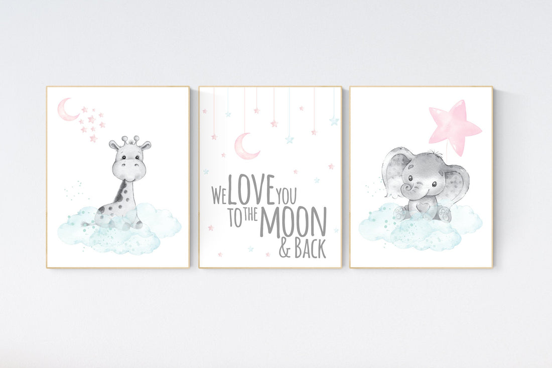 Nursery decor girl pink mint, Nursery wall art girl elephant, pink and mint, moon, stars, nursery prints, baby room decor, girl nursery