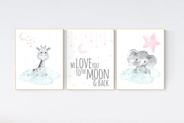 Nursery decor girl pink mint, Nursery wall art girl elephant, pink and mint, moon, stars, nursery prints, baby room decor, girl nursery