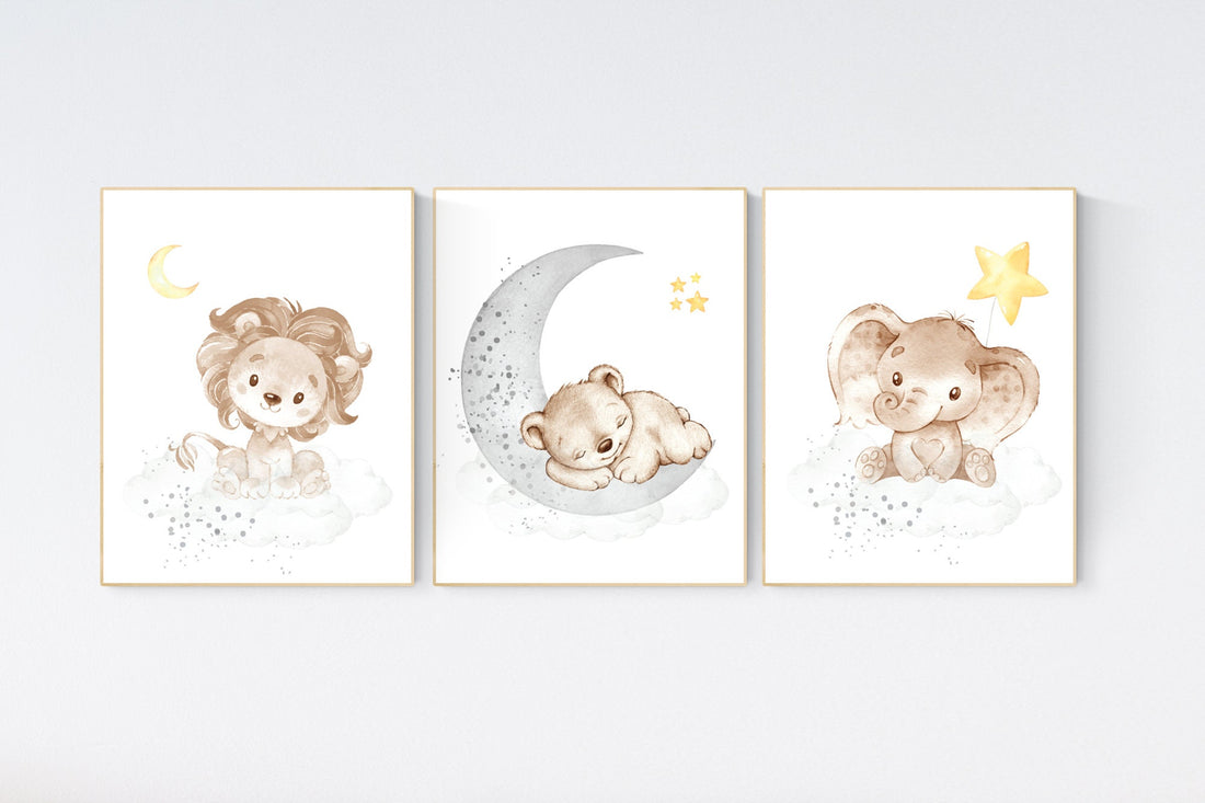 Nursery decor neutral, Yellow gray nursery, nursery wall art animals, elephant, lion, bear, moon, stars, gender neutral, yellow and gray