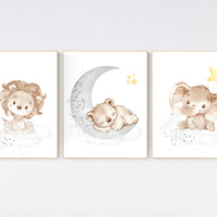 Nursery decor neutral, Yellow gray nursery, nursery wall art animals, elephant, lion, bear, moon, stars, gender neutral, yellow and gray