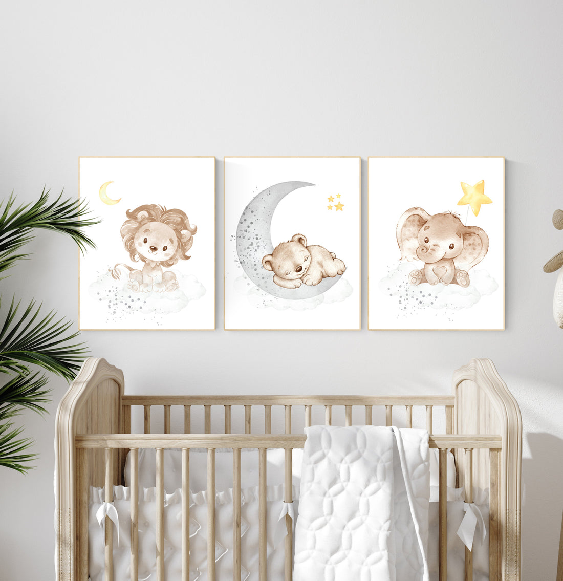 Nursery decor neutral, Yellow gray nursery, nursery wall art animals, elephant, lion, bear, moon, stars, gender neutral, yellow and gray