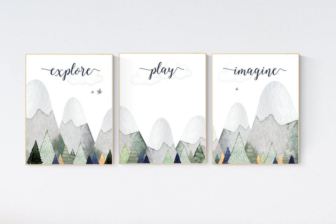 Nursery decor boy mountain, sage green, adventure nursery, adventure theme nursery, woodland, gender neutral, explore, play, imagine, olive