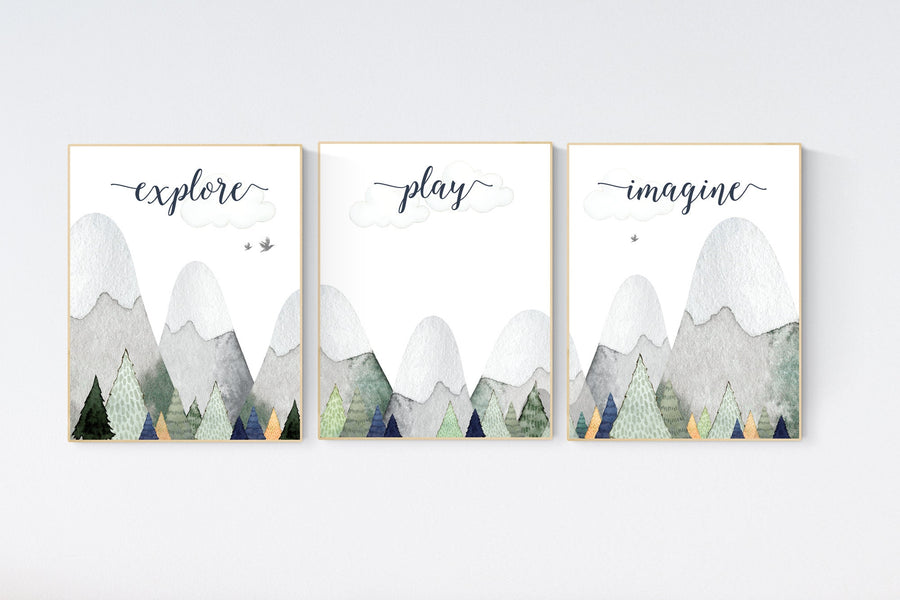 Nursery decor boy mountain, sage green, adventure nursery, adventure theme nursery, woodland, gender neutral, explore, play, imagine, olive