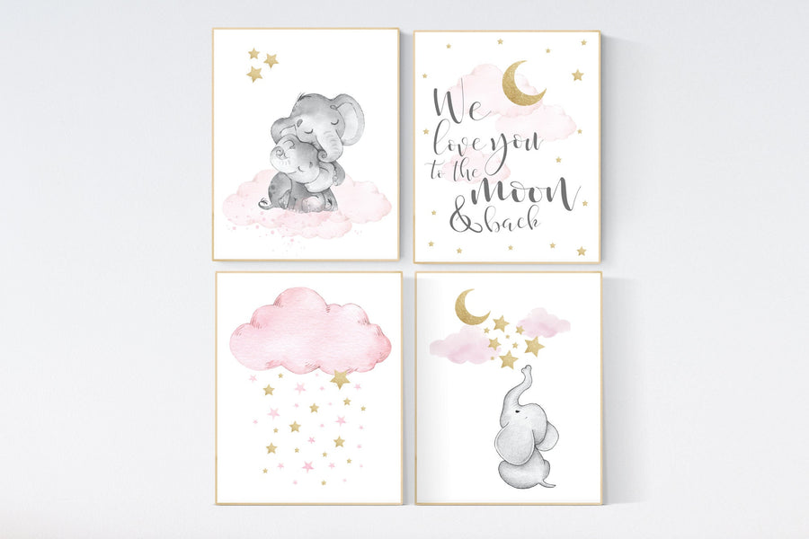 Nursery decor girl elephant, pink and gold nursery, we love you to the moon and back, pink nursery art, cloud and stars, baby room decor
