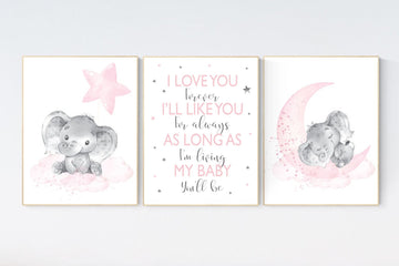 Nursery decor elephant, nursery decor girl elephant, moon and stars, baby room decor girl, nursery prints girl, quote print