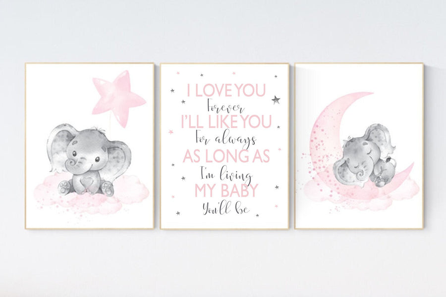 Nursery decor elephant, nursery decor girl elephant, moon and stars, baby room decor girl, nursery prints girl, quote print