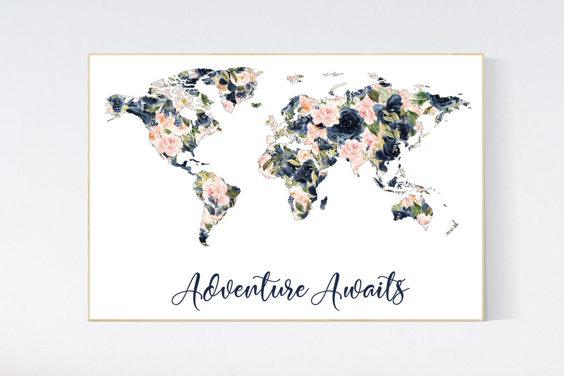 Nursery decor girl floral, map nursery art, world map, girl room decor, girl nursery decor flowers, blush and navy floral, blush navy