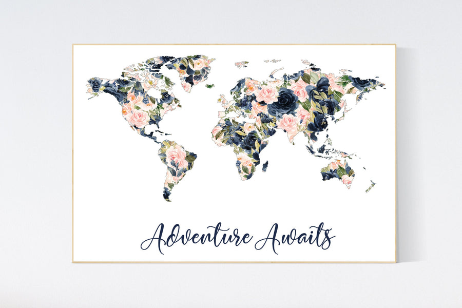 Nursery decor girl floral, map nursery art, world map, girl room decor, girl nursery decor flowers, blush and navy floral, blush navy