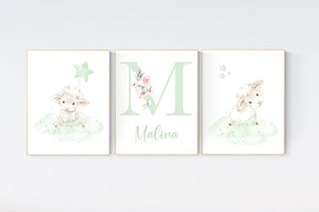 Sheep nursery decor, lamb nursery, green nursery, girl nursery decor, Sheep nursery decor, cloud and star, name nursery, sheep prints