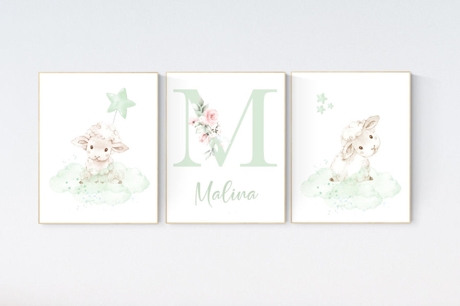 Sheep nursery decor, lamb nursery, green nursery, girl nursery decor, Sheep nursery decor, cloud and star, name nursery, sheep prints