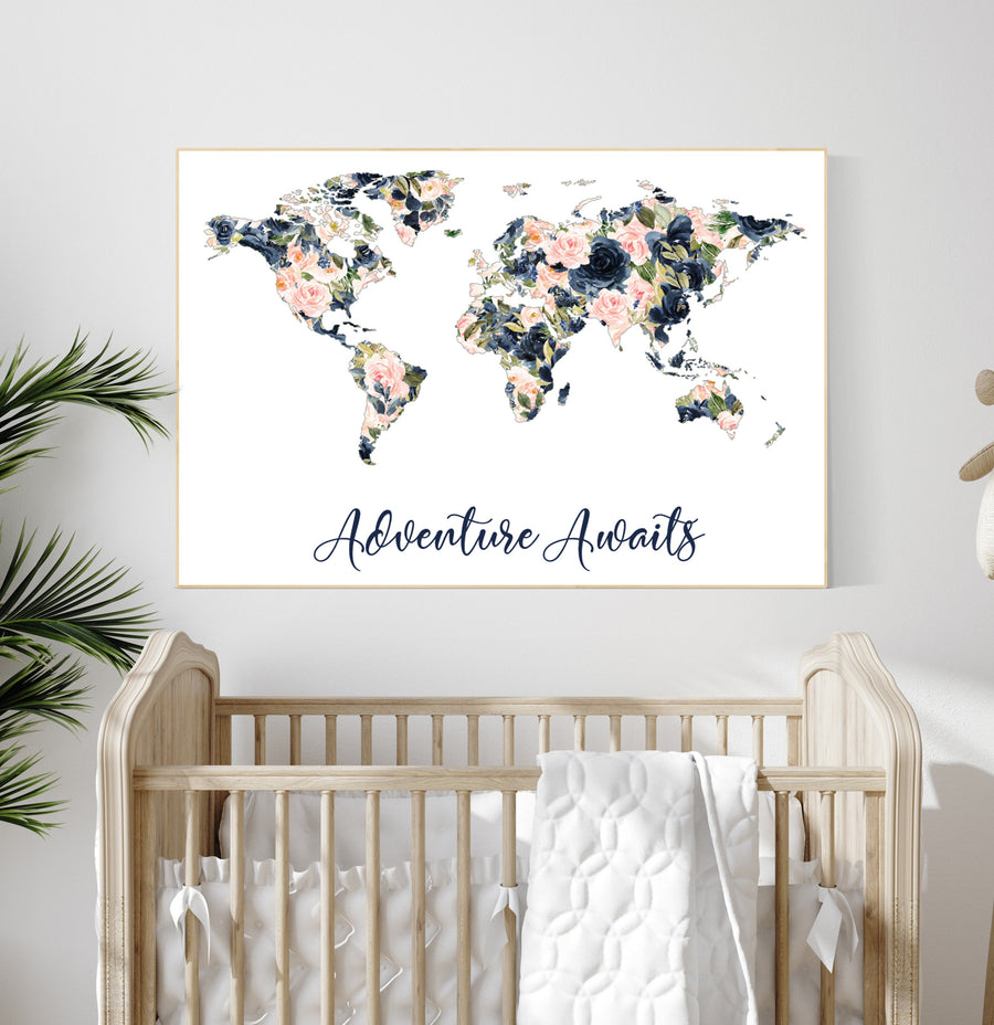 Nursery decor girl floral, map nursery art, world map, girl room decor, girl nursery decor flowers, blush and navy floral, blush navy