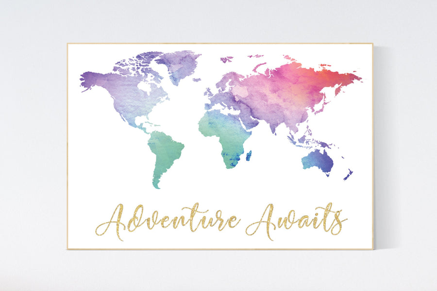 Adventure awaits, World Map poster, world map wall art, nursery wall art, pink purple, mint, gold, nursery decor gender neutral