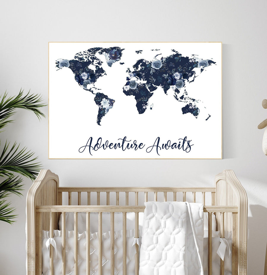 Floral nursery, girl nursery, map nursery art, world map, girl room decor, girl nursery, navy blue, girl nursery ideas