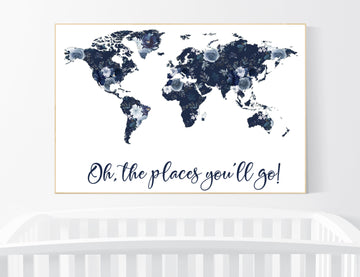 Floral nursery, girl nursery, map nursery art, world map, girl room decor, girl nursery, navy blue, girl nursery ideas