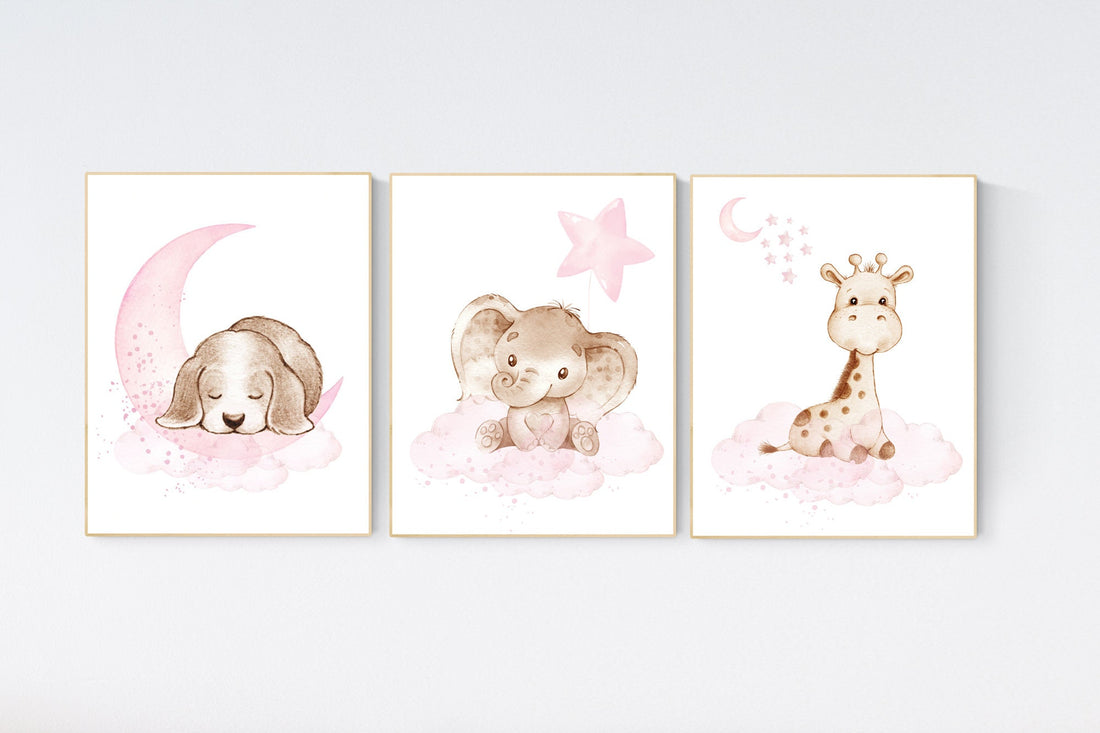 Pink nursery wall art, animal nursery, elephant, giraffe, puppy, woodland animals, lilac nursery decor, lavender, girl nursery, moon stars