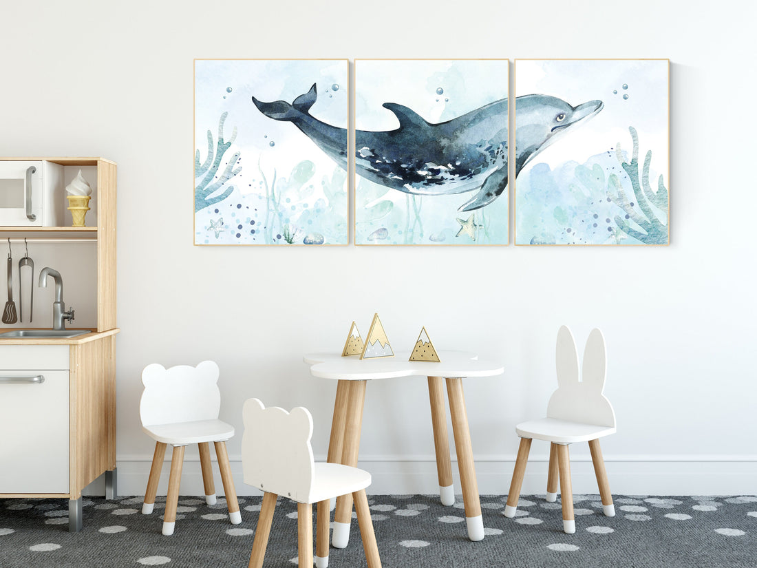 Whale nursery, Ocean nursery decor, Under the sea wall art, Nautical nursery print set, under the sea nursery, gender neutral nursery