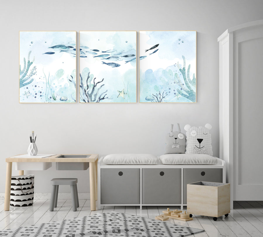 Under the sea wall art, Ocean nursery decor, Nautical nursery print set, under the sea nursery, gender neutral nursery, ocean, nautical