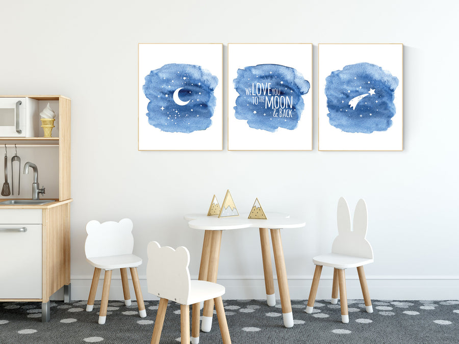 Nursery decor boy navy blue, Nursery wall art boy, navy nursery decor, moon and stars, we love you to the moon and back, nursery prints boy
