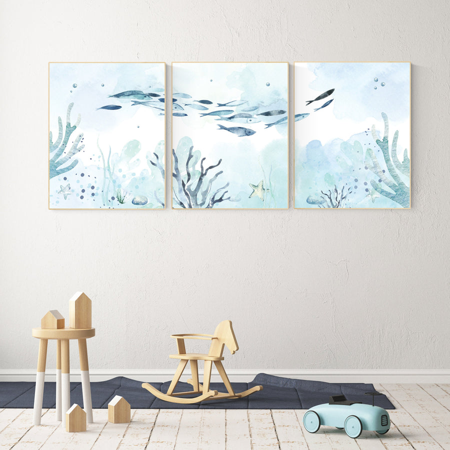 Under the sea wall art, Ocean nursery decor, Nautical nursery print set, under the sea nursery, gender neutral nursery, ocean, nautical