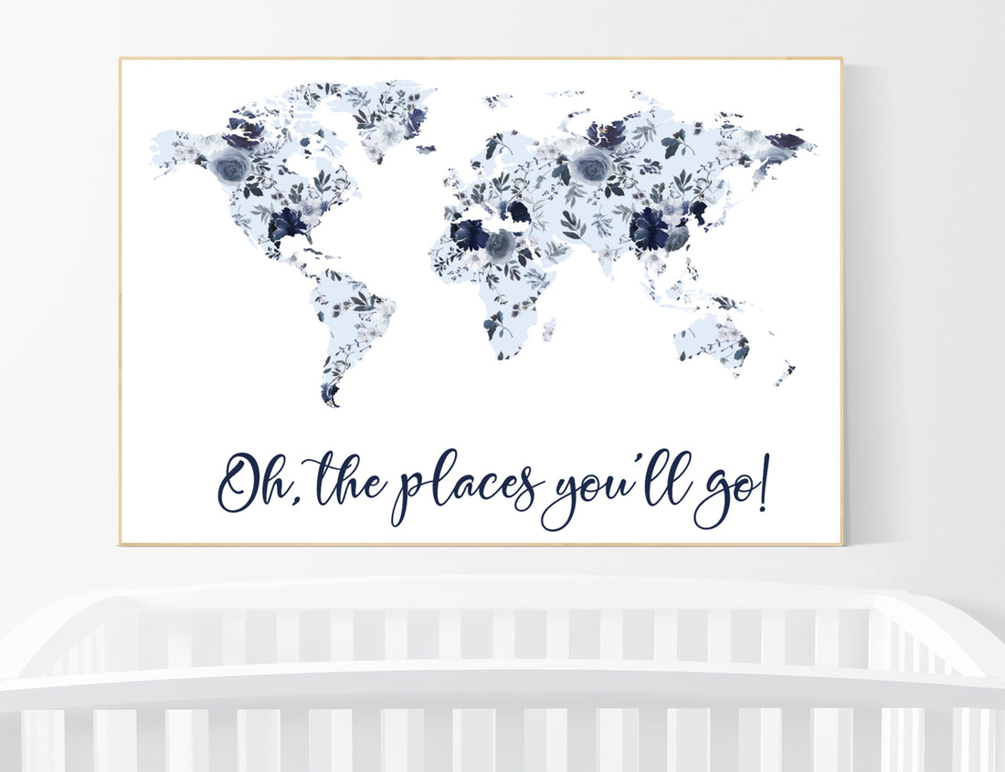 Floral nursery, girl nursery, map nursery art, world map, girl room decor, girl nursery, navy blue, girl nursery ideas