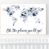 Floral nursery, girl nursery, map nursery art, world map, girl room decor, girl nursery, navy blue, girl nursery ideas