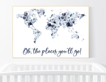 Floral nursery, girl nursery, map nursery art, world map, girl room decor, girl nursery, navy blue, girl nursery ideas