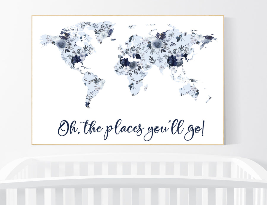 Floral nursery, girl nursery, map nursery art, world map, girl room decor, girl nursery, navy blue, girl nursery ideas