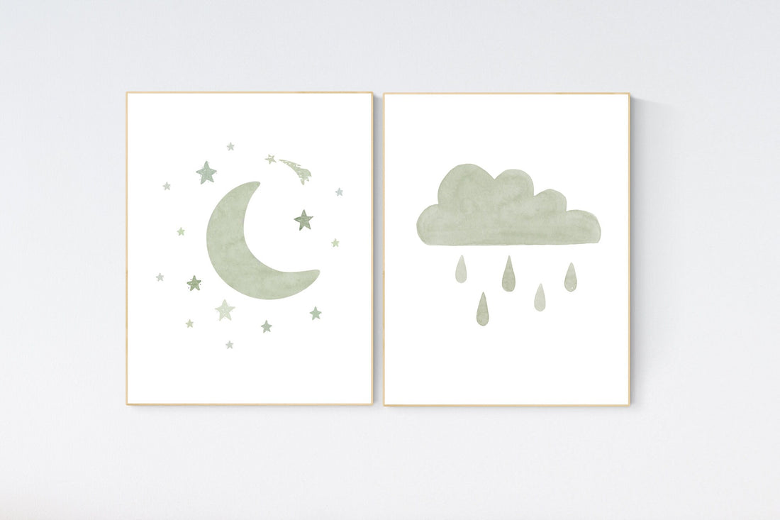 Nursery prints rainbow, gender neutral, sage green nursery wall decor, rainbow, moon, cloud, nursery wall art, nursery decor neutral, green