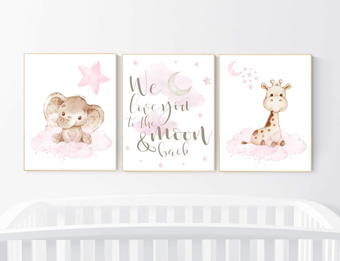 Animal nursery, nursery decor girl pink gray, nursery decor girl woodland animals, teddy bear, elephant, giraffe, baby girl nursery prints
