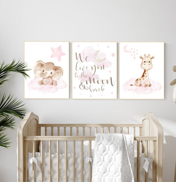Animal nursery, nursery decor girl pink gray, nursery decor girl woodland animals, teddy bear, elephant, giraffe, baby girl nursery prints