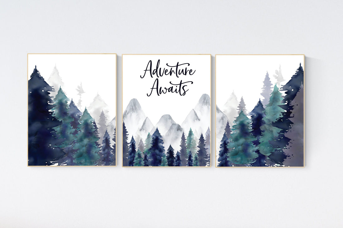 Nursery decor woodland, mountain wall art, tree nursery decor, adventure theme nursery, forest, navy and teal, woodland animals