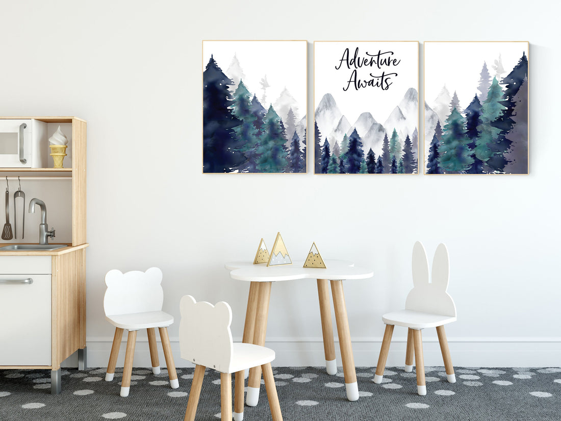 Nursery decor woodland, mountain wall art, tree nursery decor, adventure theme nursery, forest, navy and teal, woodland animals