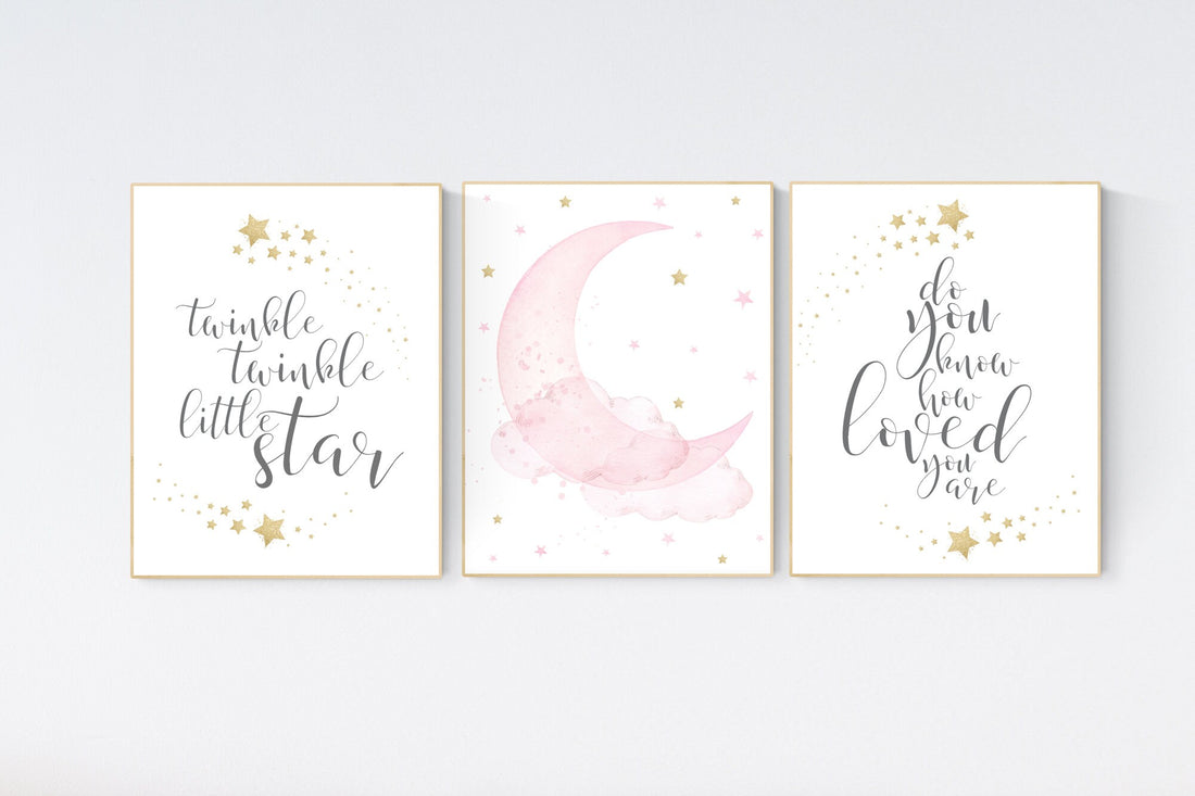 Twinkle twinkle little star, Nursery wall art girl pink gold, baby room decor girl gold and pink, cloud and stars, baby room, moon print
