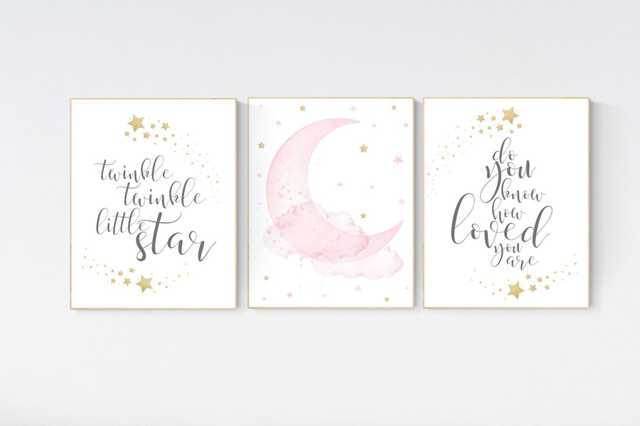 Twinkle twinkle little star, Nursery wall art girl pink gold, baby room decor girl gold and pink, cloud and stars, baby room, moon print