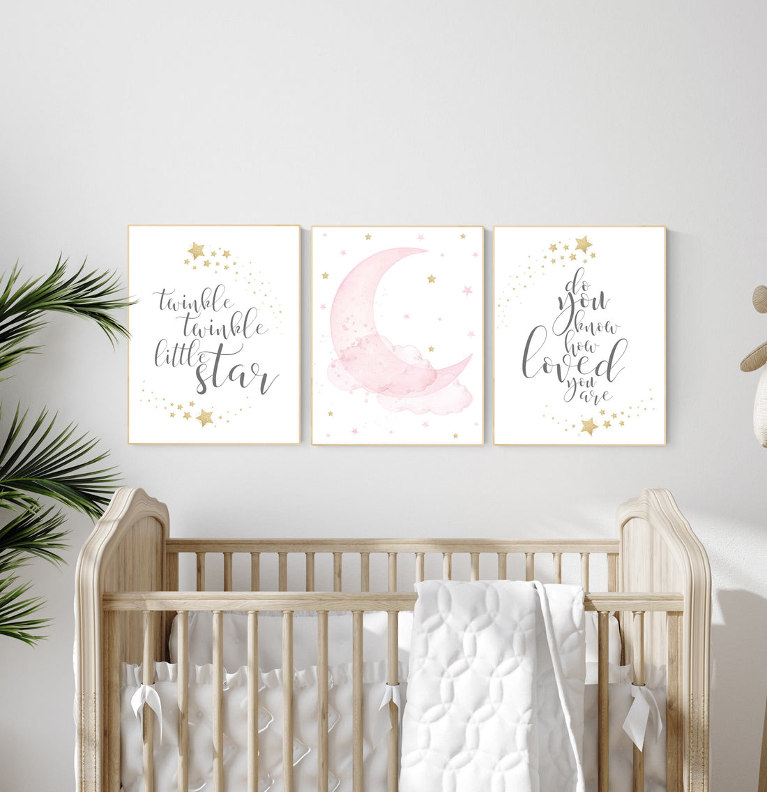 Twinkle twinkle little star, Nursery wall art girl pink gold, baby room decor girl gold and pink, cloud and stars, baby room, moon print