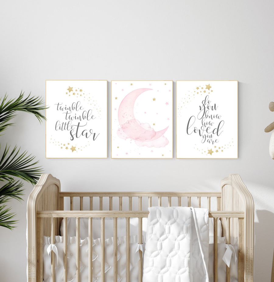 Twinkle twinkle little star, Nursery wall art girl pink gold, baby room decor girl gold and pink, cloud and stars, baby room, moon print
