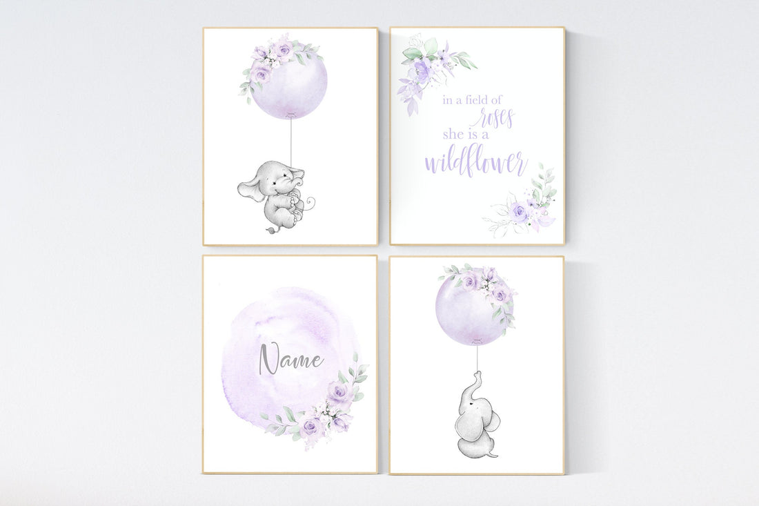 Girl nursery decor lavender, elephant nursery, name nursery girl, purple nursery decor, girl nursery decor flower, floral nursery