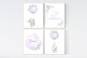 Girl nursery decor lavender, elephant nursery, name nursery girl, purple nursery decor, girl nursery decor flower, floral nursery