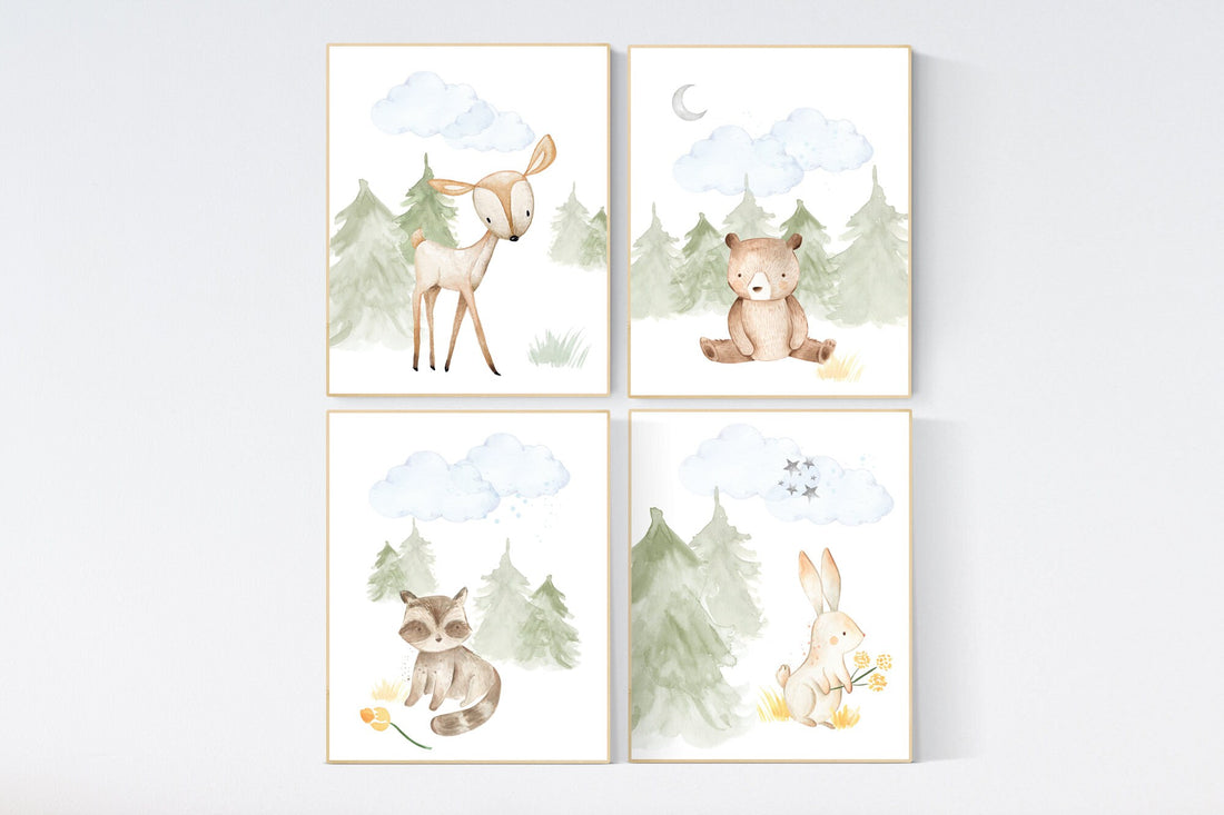 Woodland nursery decor, nursery wall art woodland animals, forest animal prints, gender neutral nursery art, nursery prints woodland animals