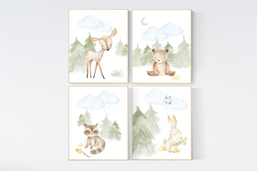 Woodland nursery decor, nursery wall art woodland animals, forest animal prints, gender neutral nursery art, nursery prints woodland animals