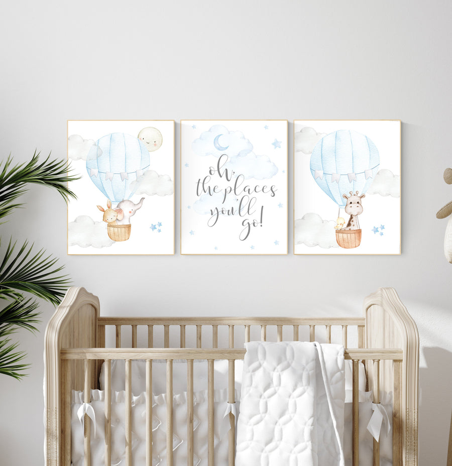 Nursery decor boy, baby blue nursery, hot air balloon nursery, oh the places you'll go, animal nursery, boy nursery wall art, boys room