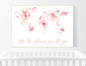 Floral World Map, Girl Nursery Decor, Travel Nursery Art, floral Nursery Print,  blush nursery, Nursery baby girl room, Adventure Awaits