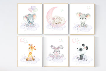 Nursery decor girl, floral jungle, nursery decor animals, Nursery wall art girl elephant, giraffe, bear, pink, purple, girl nursery art