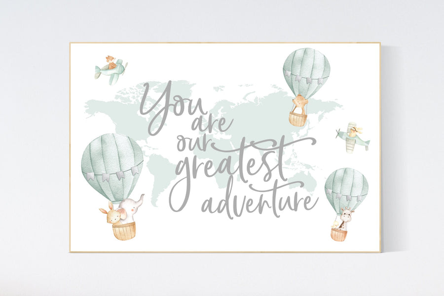 Hot air balloon nursery, Nursery decor neutral, gender neutral, animal nursery, woodland animals, sage green, green nursery, animal prints