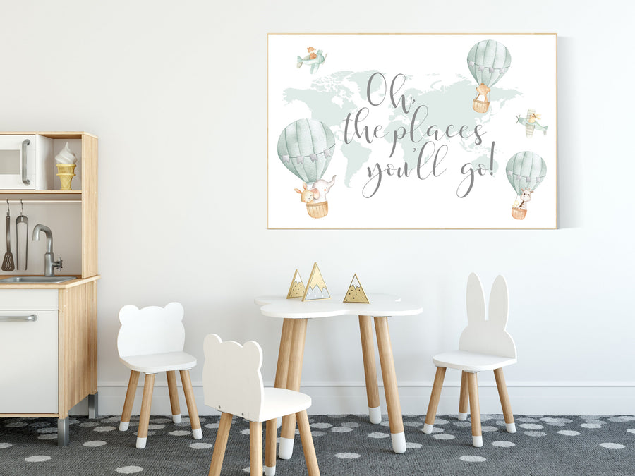 Hot air balloon nursery, Nursery decor neutral, gender neutral, animal nursery, woodland animals, sage green, green nursery, animal prints