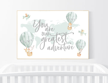 Hot air balloon nursery, Nursery decor neutral, gender neutral, animal nursery, woodland animals, sage green, green nursery, animal prints