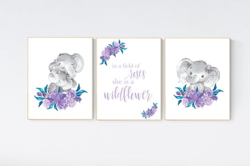 Purple teal nursery, Boho baby room, nursery wall art elephant, nursery decor girl, nursery decor girl floral, lilac nursery decor, lavender
